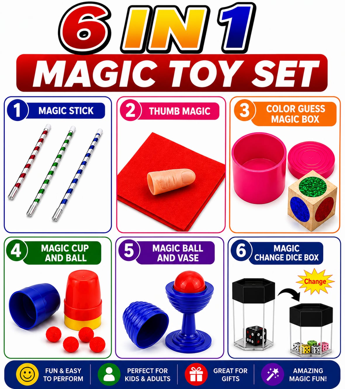 6 in 1 Magic Toy Set – Amazing Magic Tricks Combo for Kids & Adults